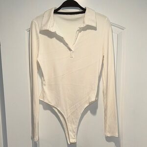 Timing White V Neck Ribbed Long Sleeve Bodysuit